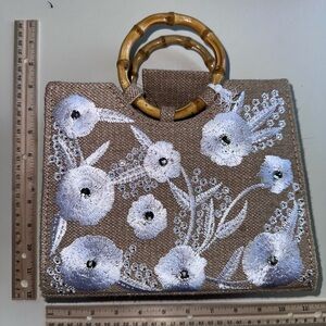 Haute Hippie Tan and White Floral Tote with Bamboo Handles